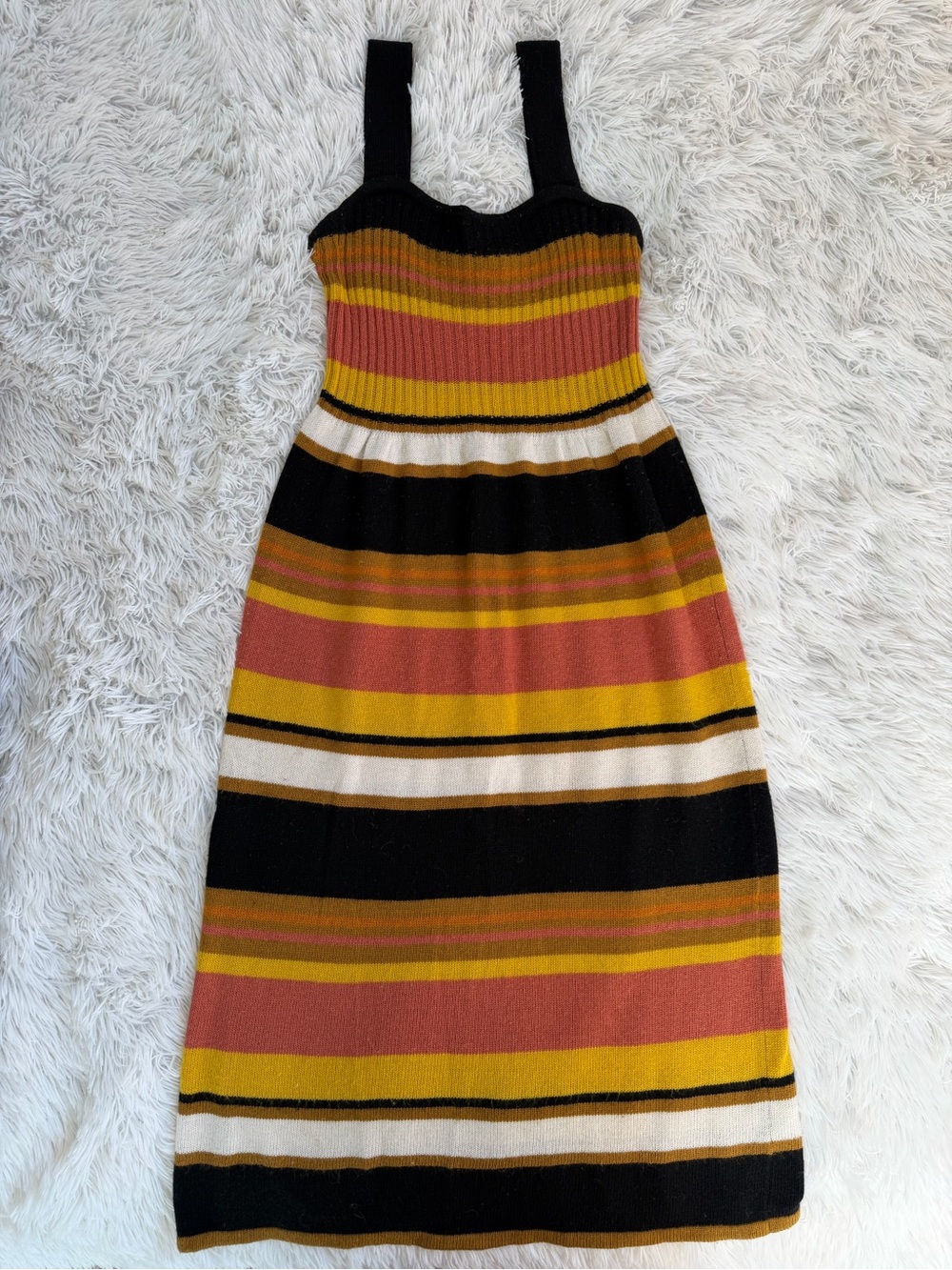 Madewell…..Striped Knit Midi Dress in Black, Mustard & Rust